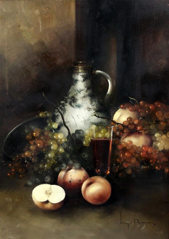Professor Gigi Rocca Table top still life with flagon, fruit and apples, 27 x 19.5in.